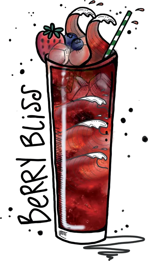 Illustration of a tall glass of deep red berry cocktail topped with fresh berries and a straw