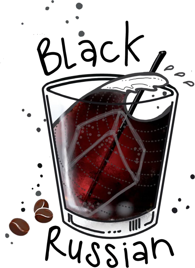 Illustration of a tumbler of near black cocktail over a large ice cube, a stirrer in the glass and coffee beans beside it