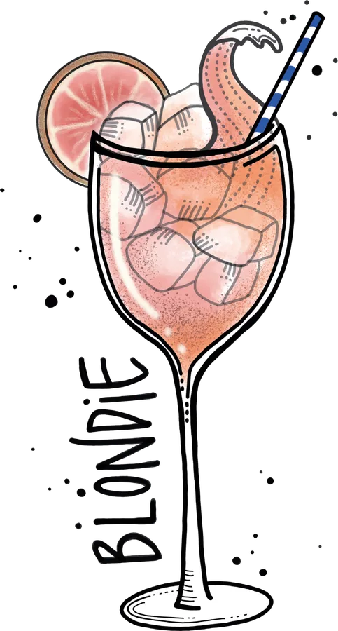 Illustration of a stemmed glass of pale pink cocktail over ice with a grapefruit slice and a blue straw