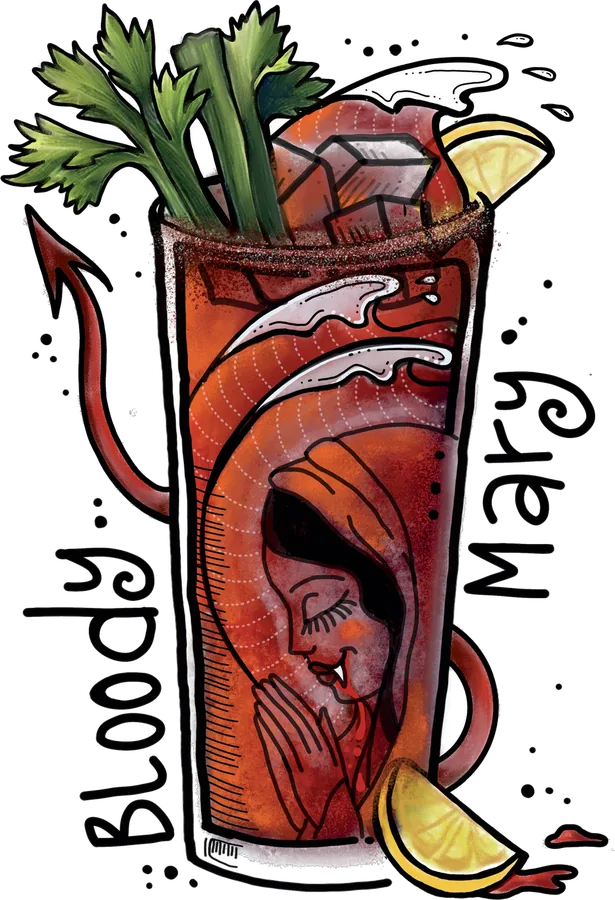 Illustration of a tall glass of tomato juice with celery stalks and a lemon wedge