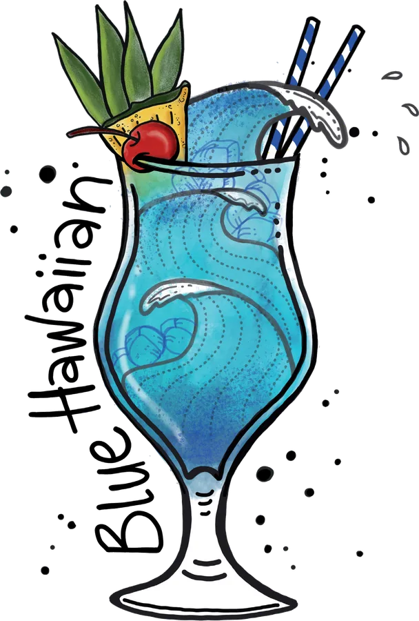 Illustration of a hurricane glass of bright blue cocktail with pineapple leaves, a cherry and two straws
