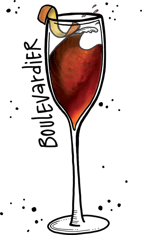Illustration of a champagne flute of deep red cocktail with a curl of orange peel on the rim
