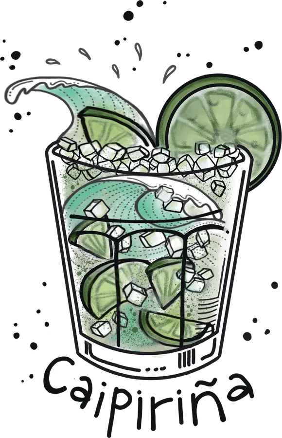 Illustration of a tumbler packed with crushed ice, lime wedges and a lime wheel