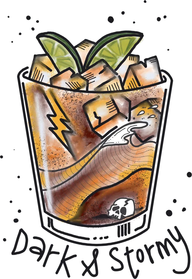 Illustration of a tumbler of ice and amber rum under dark leaves, with a lightning bolt drawn across the glass