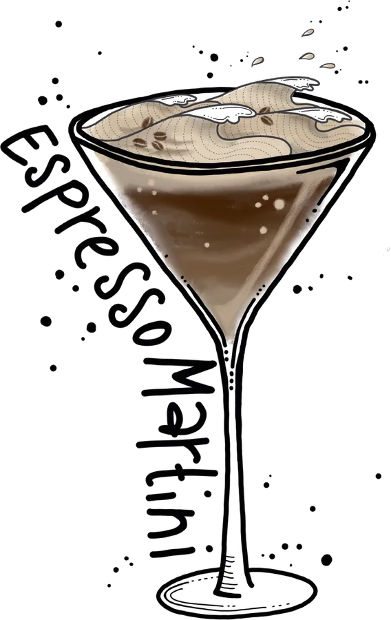 Illustration of a martini glass of dark coffee under a pale crema
