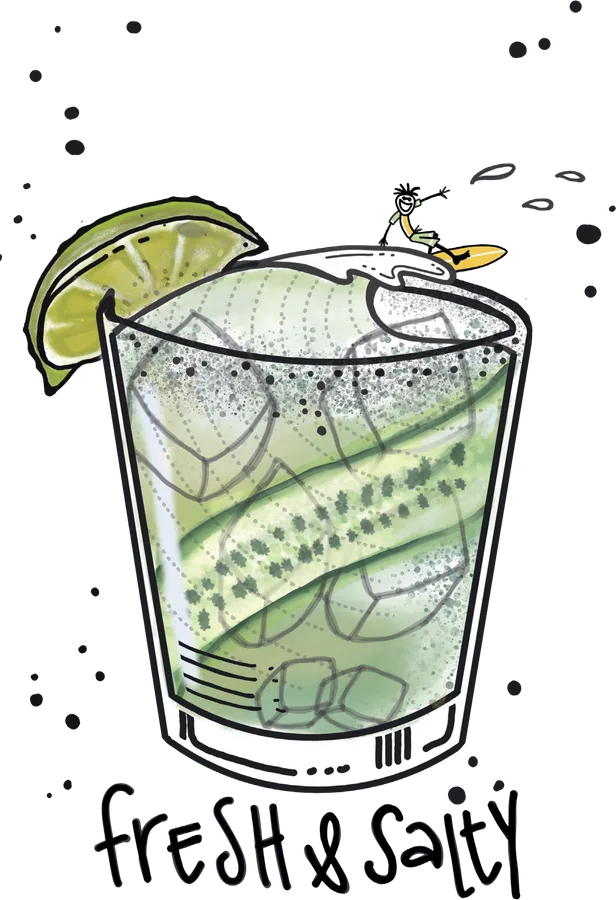 Illustration of a tumbler of pale green cocktail with cucumber ribbons and ice, a lime wedge and a tiny creature perched on the rim