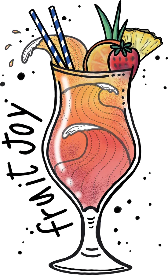 Illustration of a hurricane glass of red and orange fruit cocktail with pineapple leaves, a strawberry, an orange slice and two straws