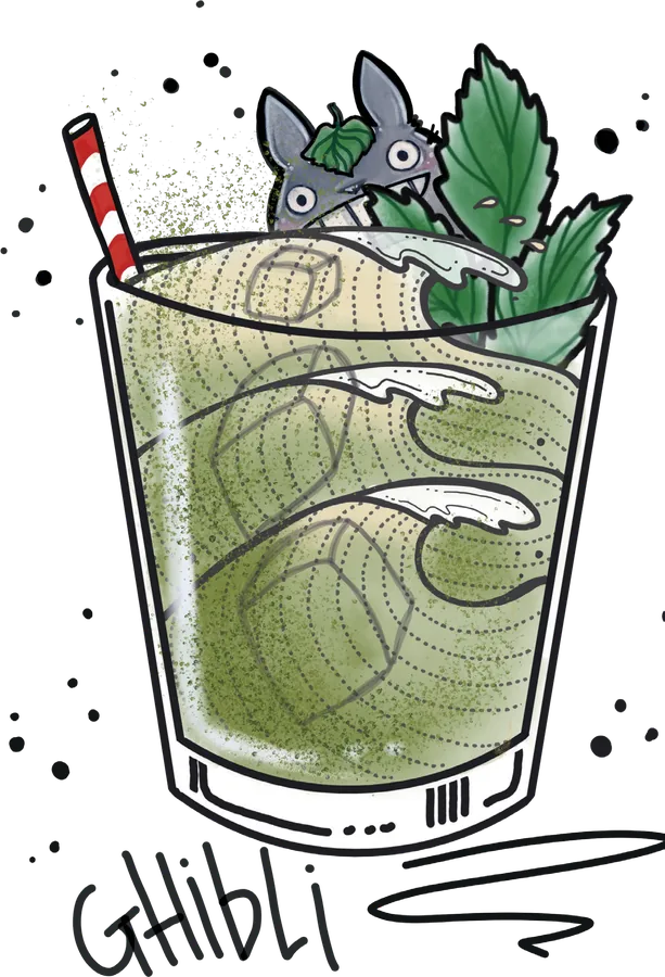 Illustration of a tumbler of green matcha with mint leaves, a striped straw and a small grey woodland creature peering over the rim