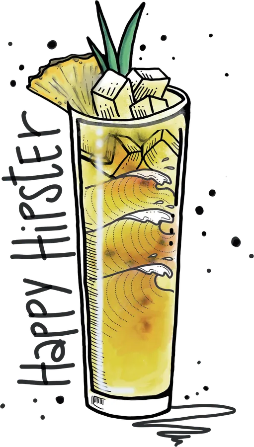 Illustration of a Happy Hipster in a tall glass with pineapple, ice cubes and a leaf