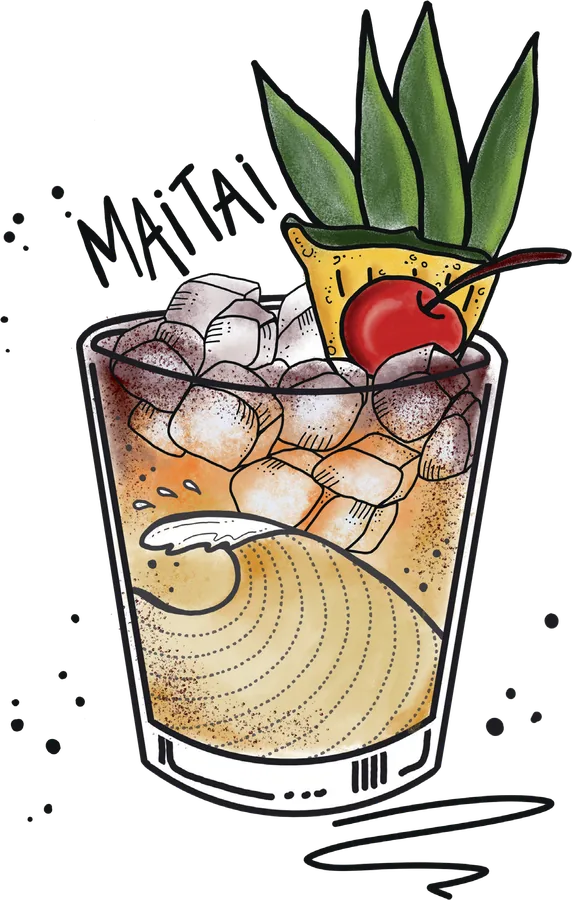 Illustration of a tumbler heaped with ice cubes, topped with a pineapple wedge, spiky leaves and a cherry