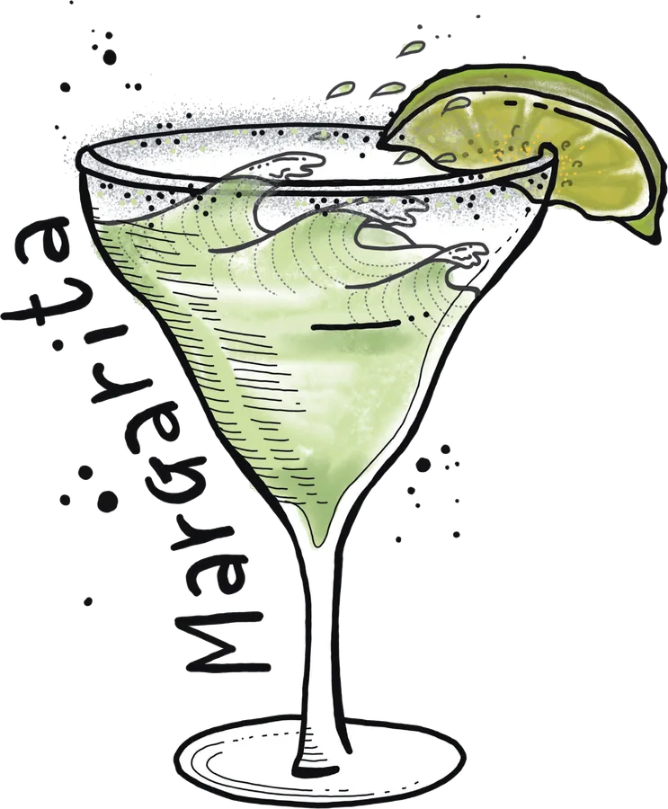 Illustration of a pale green margarita in a stemmed glass with a salted rim and two lime wedges