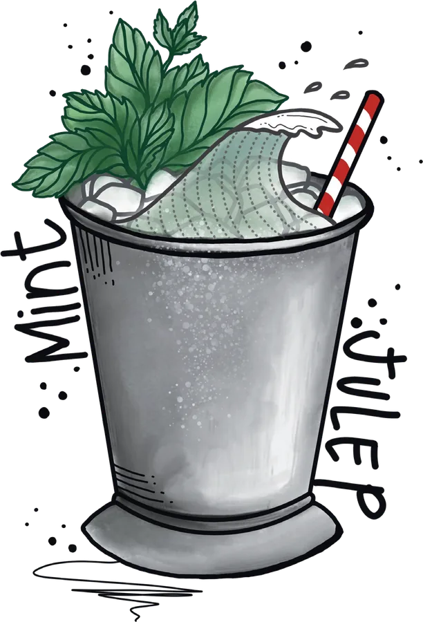 Illustration of a frosted silver julep cup crowned with a bunch of mint and a red striped straw