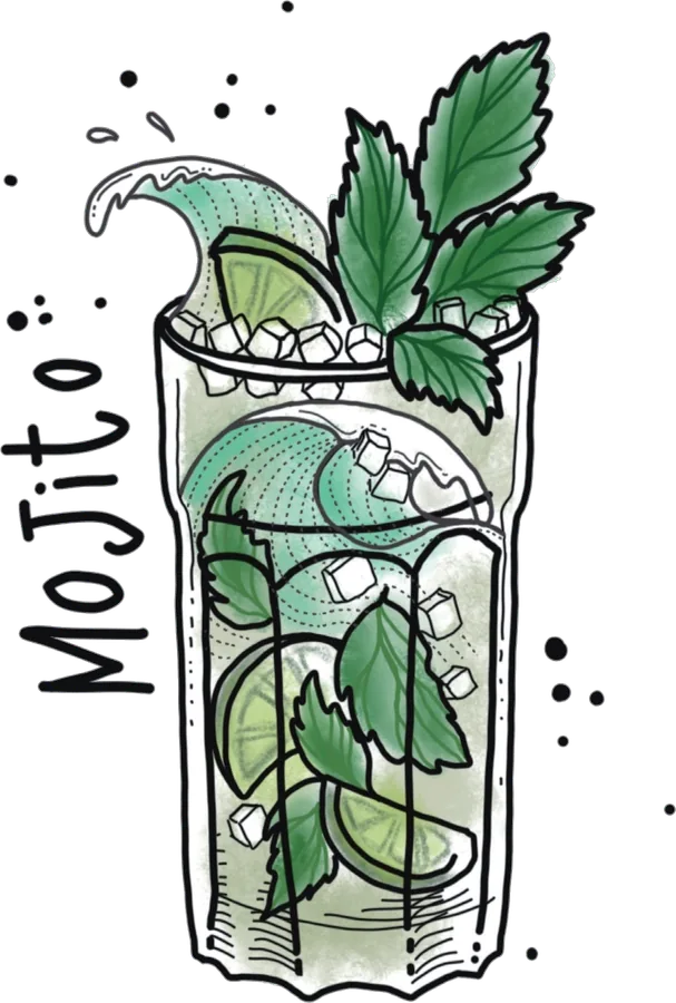 Illustration of a Mojito in a tall glass with mint leaves, lime and crushed ice