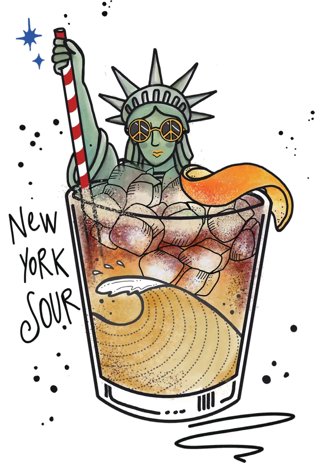 Illustration of a tumbler of amber sour over crushed ice, topped with orange and a striped straw, a small Statue of Liberty standing in the glass