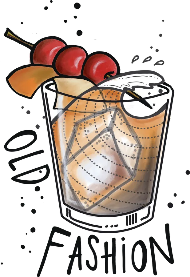 Illustration of an Old Fashioned in a tumbler with an orange slice and cherries