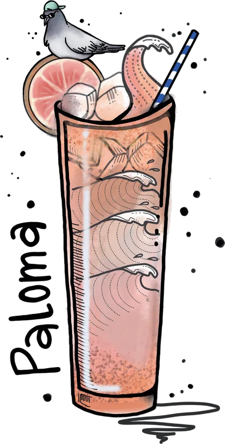 Illustration of a tall glass of pale pink grapefruit cocktail with a grapefruit slice, a striped straw and a pigeon perched on the rim