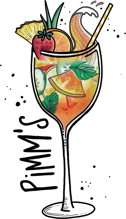 Illustration of a tall stemmed glass packed with cucumber, orange, strawberry and mint, with a straw