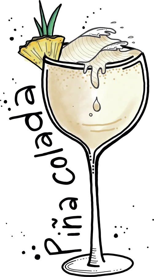 Illustration of a Piña Colada in a stemmed glass, topped with a pineapple wedge