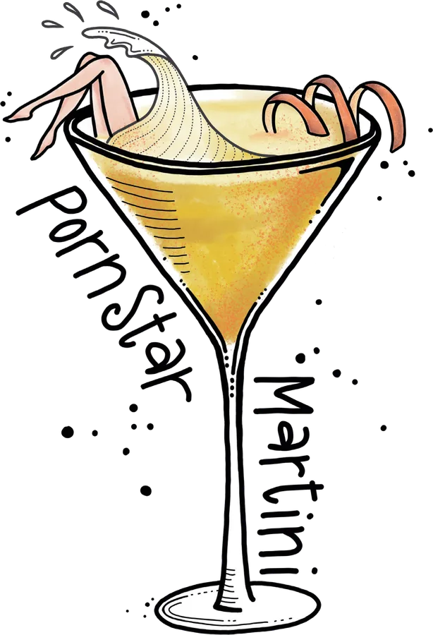 Illustration of a martini glass of golden passion fruit juice with two passion fruit halves on the rim