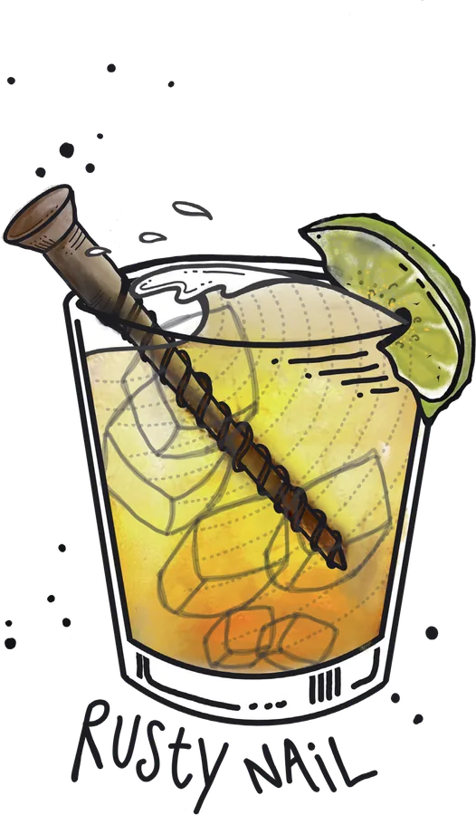 Illustration of a tumbler of golden whisky with a lime wedge and a long nail laid across the rim