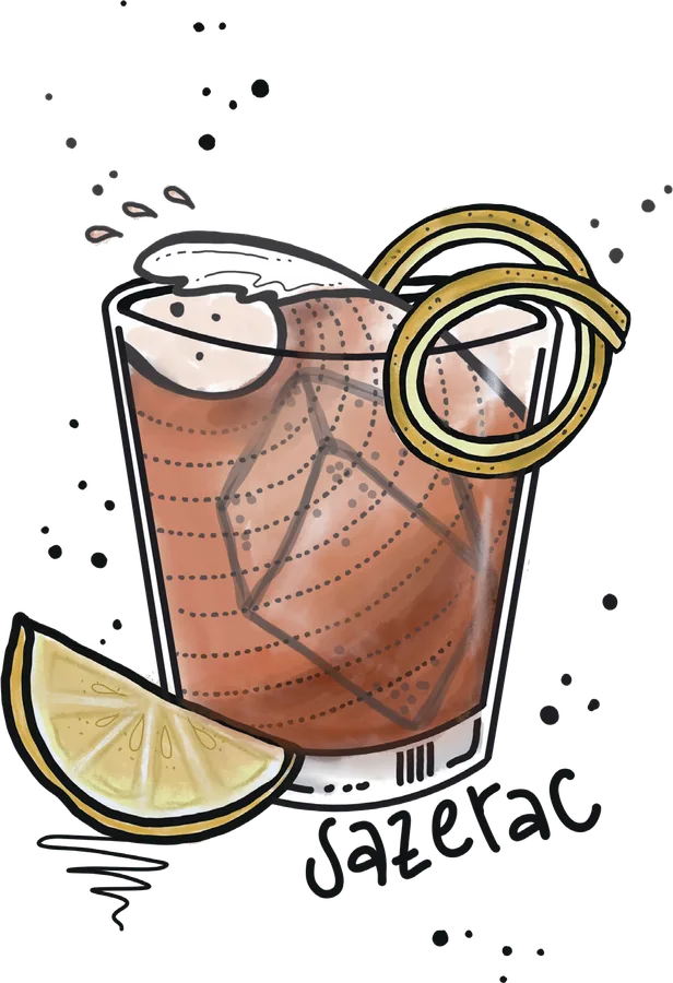 Illustration of a tumbler of amber spirit over a large ice cube, with a lemon wedge and a twist of zest