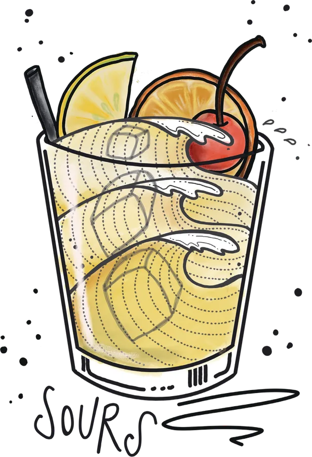 Illustration of a tumbler of cloudy lemon sour with a lemon slice, an orange slice, a cherry and a black straw