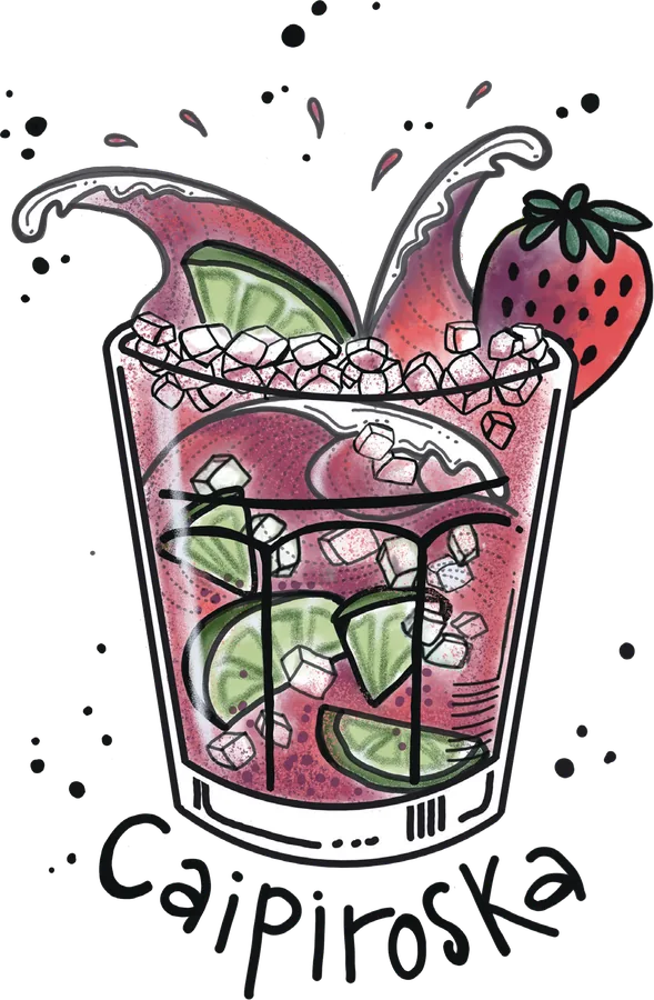 Illustration of a tumbler of crushed ice and red strawberry cocktail with lime wheels and a whole strawberry