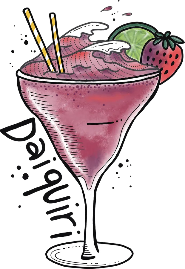 Illustration of a frozen strawberry daiquiri, deep pink in a wide martini glass with a whole strawberry on the rim
