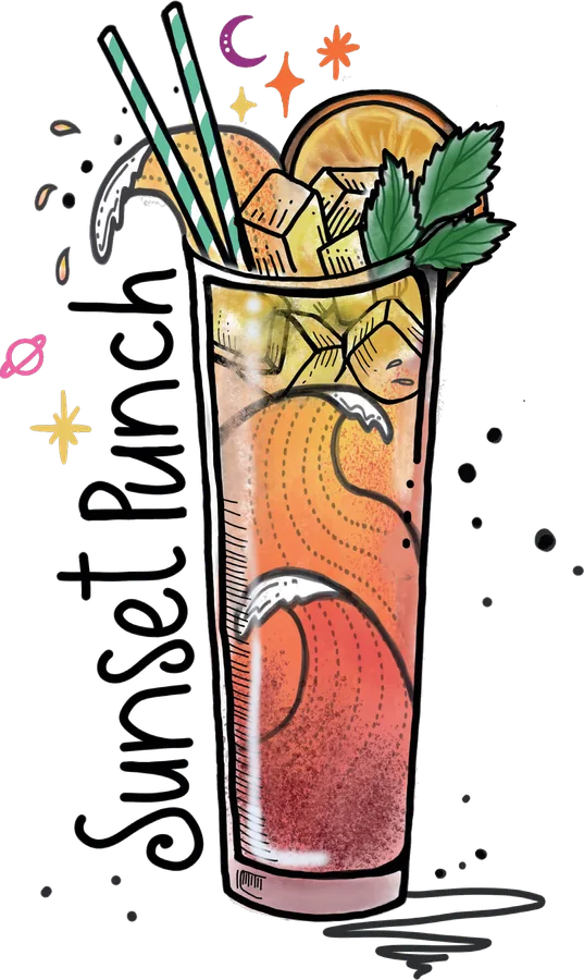 Illustration of a tall glass of orange and pink punch with pineapple, an orange slice, two straws, and a moon and stars drawn beside it
