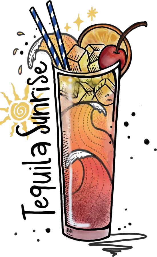 Illustration of a tall glass of orange cocktail deepening to red at the base, with ice, a cherry, two straws and a small sun drawn beside it