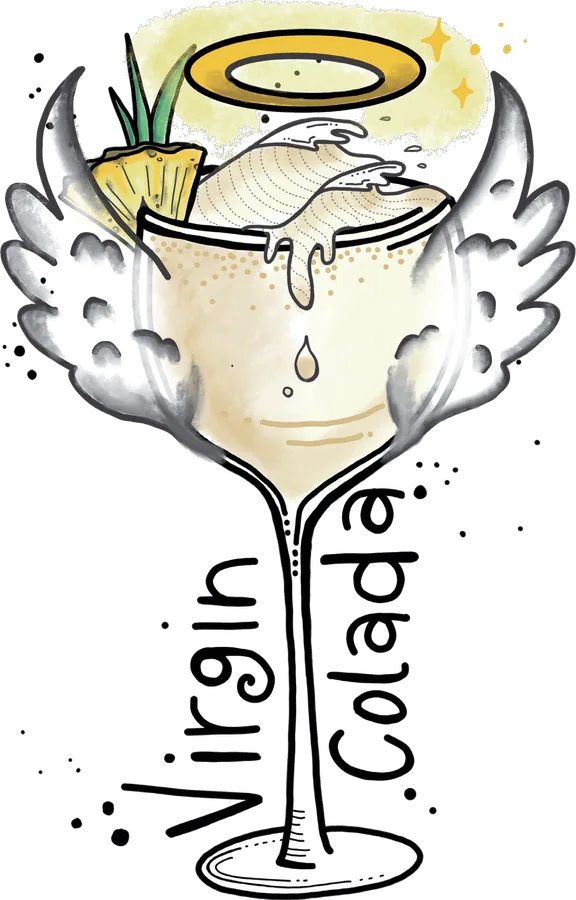 Illustration of a stemmed glass of creamy pineapple and coconut, drawn with angel wings and a golden halo