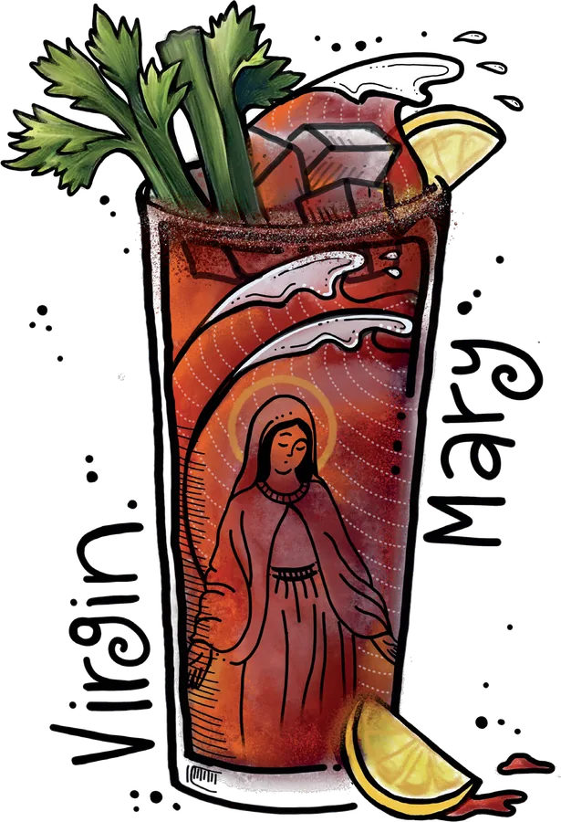 Illustration of a tall glass of tomato juice with celery stalks and a lemon wedge, a figure of the Madonna drawn on the glass