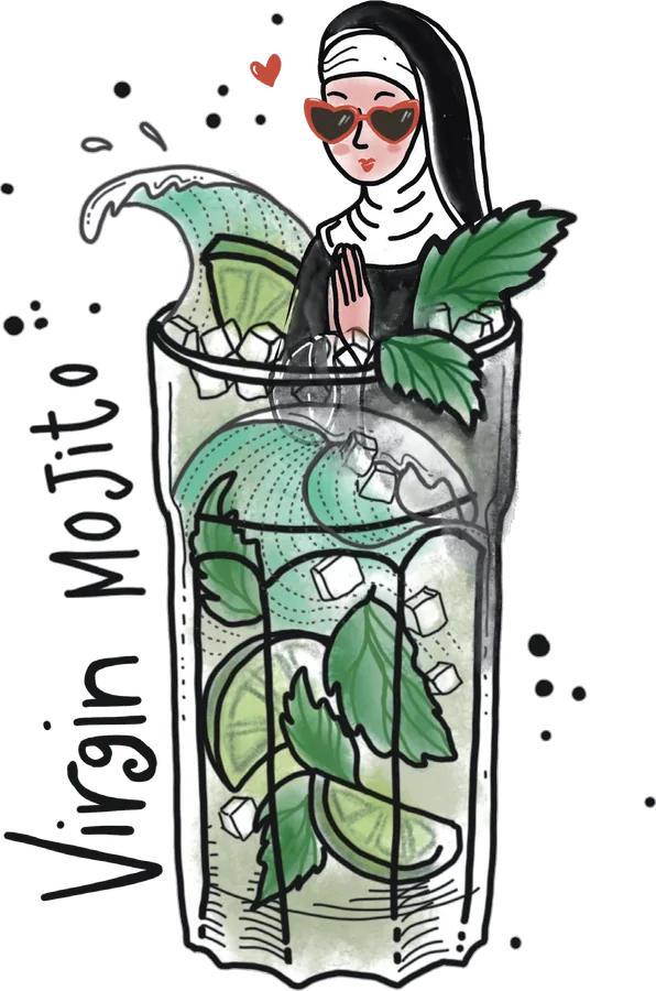 Illustration of a tall glass of mint and lime over crushed ice, with a small nun drawn at the rim