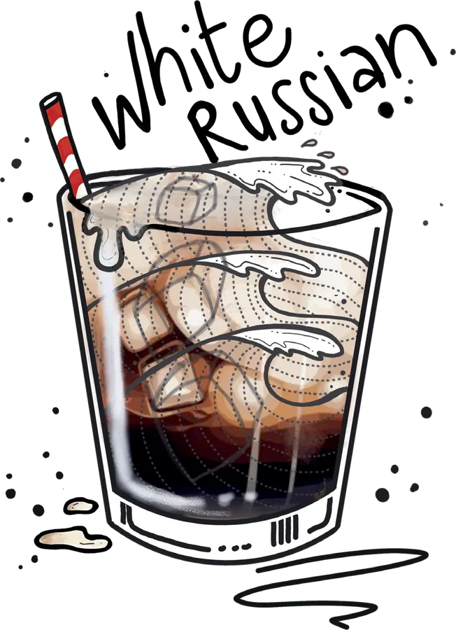 Illustration of a tumbler of dark coffee liqueur under a thick layer of cream, with a red striped straw