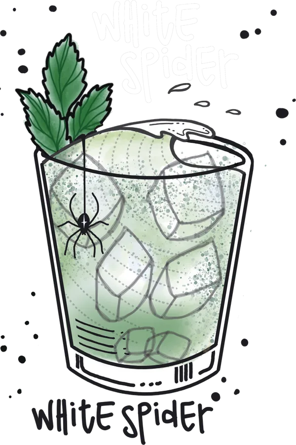 Illustration of a tumbler of pale green cocktail over ice with mint leaves and a small spider hanging on a thread
