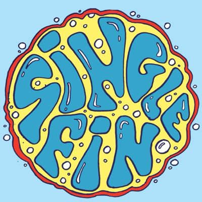 Logo de Single Fin: las palabras Single Fin en letras redondeadas amarillas y azules dentro de un aro rojo